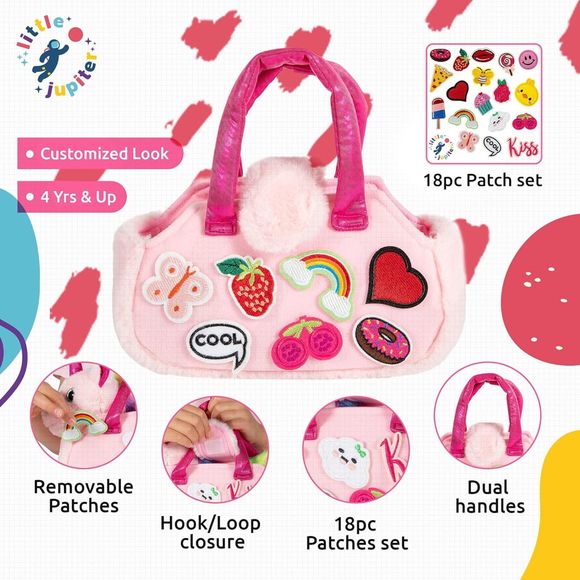 Unicorn Plush Bag Purse Set 18pc Removable Patch Set Pink & Rainbow Details 4-7 - Picture 3 of 7